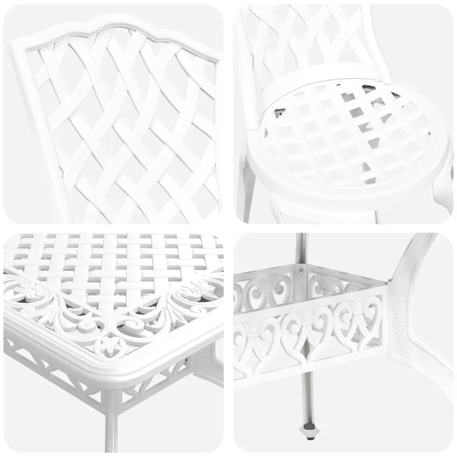 Detailansicht der weißen vidaXL Garten-Essgruppe aus Aluminiumguss mit filigranen Mustern.