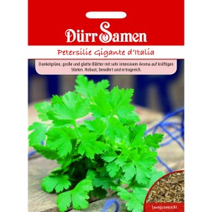 Dürr Samen Petersilie Gigante D'Italia: Saatguttüte mit frischer, grüner Petersilie und Saatgutansicht.