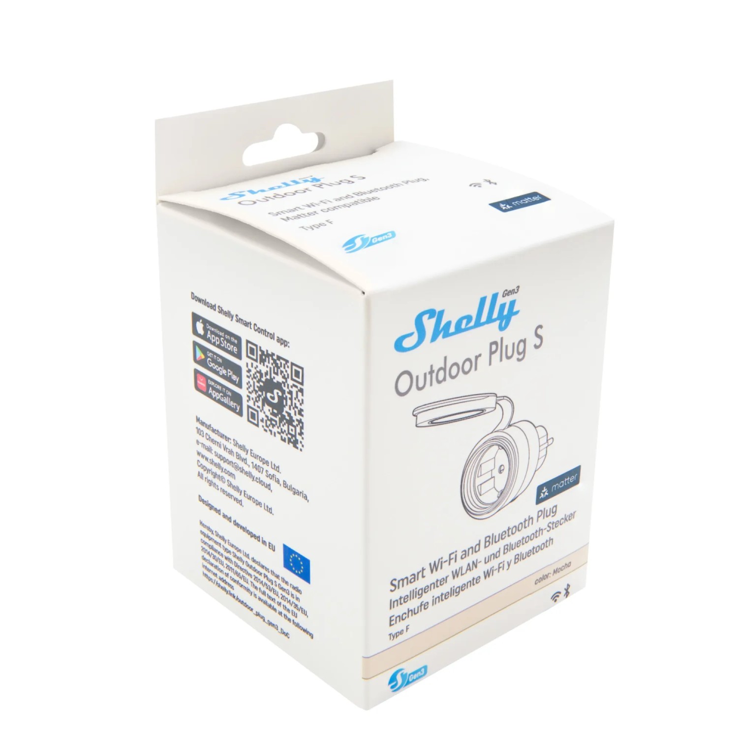 Shelly Outdoor Plug S Gen3 im Karton, ein smarter Stecker für die Hausautomation.