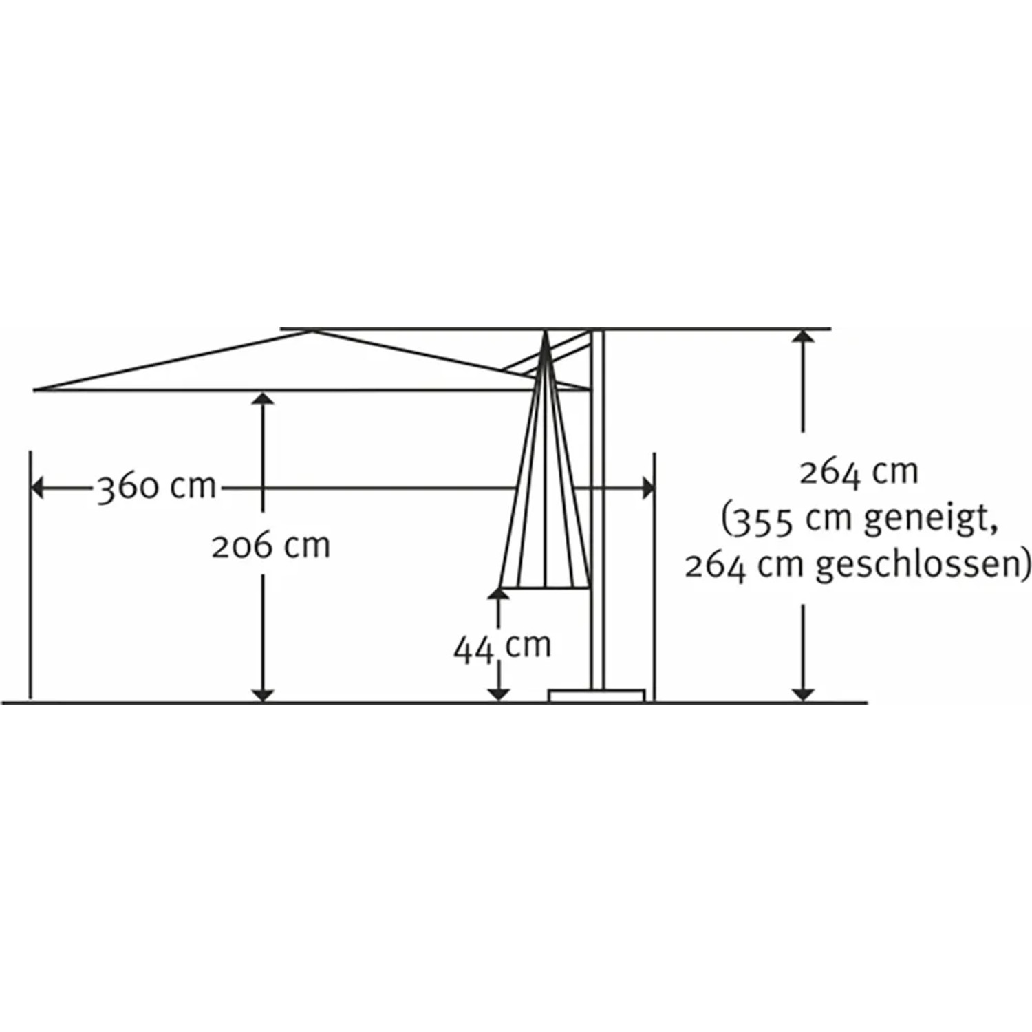 Skizze Schneider Ampelschirm 360x300 cm Natur: Maße und Details des Sonnenschirms mit Kurbelmechanik.