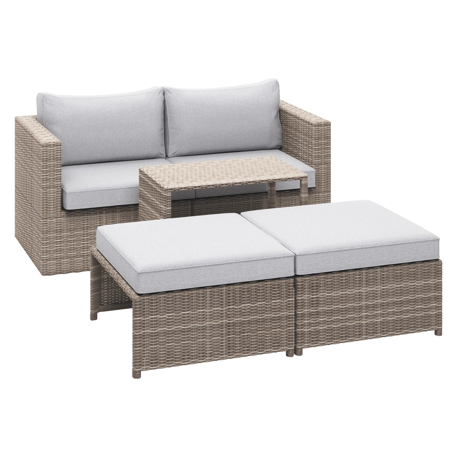 5-teiliges Balkonmöbel-Set Olea Mini aus Polyrattan in Hellgrau mit 2 Sesseln, 2 Hockern und 1 Tisch.