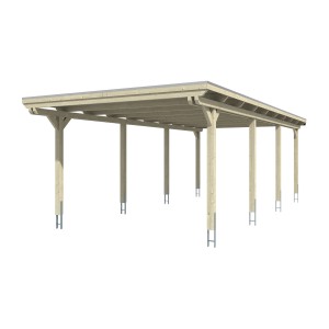 Skan Holz Einzelcarport Emsland: Flachdach Carport aus Holz mit Aluminium Dachplatten und acht Pfosten.