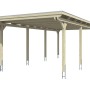 Skan Holz Einzelcarport Emsland: Flachdach Carport aus Holz mit Aluminium Dachplatten und acht Pfosten.