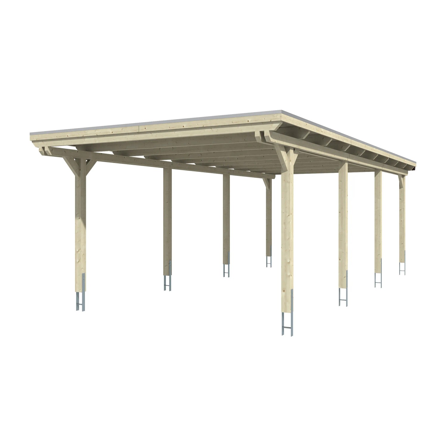 Skan Holz Einzelcarport Emsland: Flachdach Carport aus Holz mit Aluminium Dachplatten und acht Pfosten.