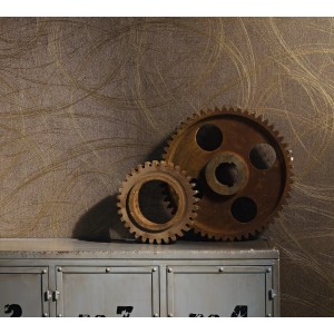 Colani Vliestapete Visions Striche Grob Braun mit Zahnrädern auf Metallschrank.
