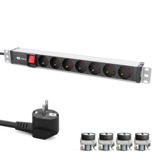 hb-digital 19 Zoll Steckdosenleiste, 7-fach, für Serverschrank, mit Schuko-Stecker und Montagezubehör.