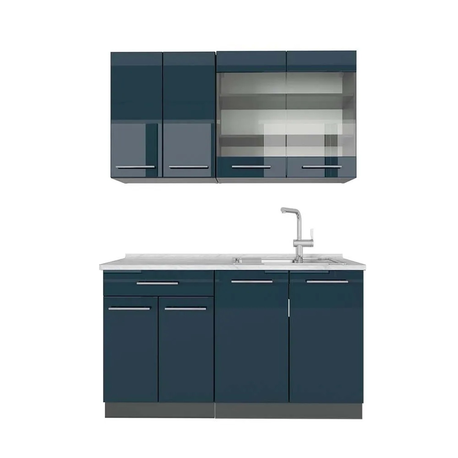 Vicco Fame-Line Singleküche DunkelBlau Hochglanz Anthrazit 140 cm AP Marmor ohne E-Geräte
