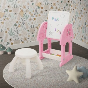 Joyz 2in1 Tafel-Spieltisch mit Hocker, rosa-weiß. Kindertafel mit Stuhl für Spiel und Spaß.
