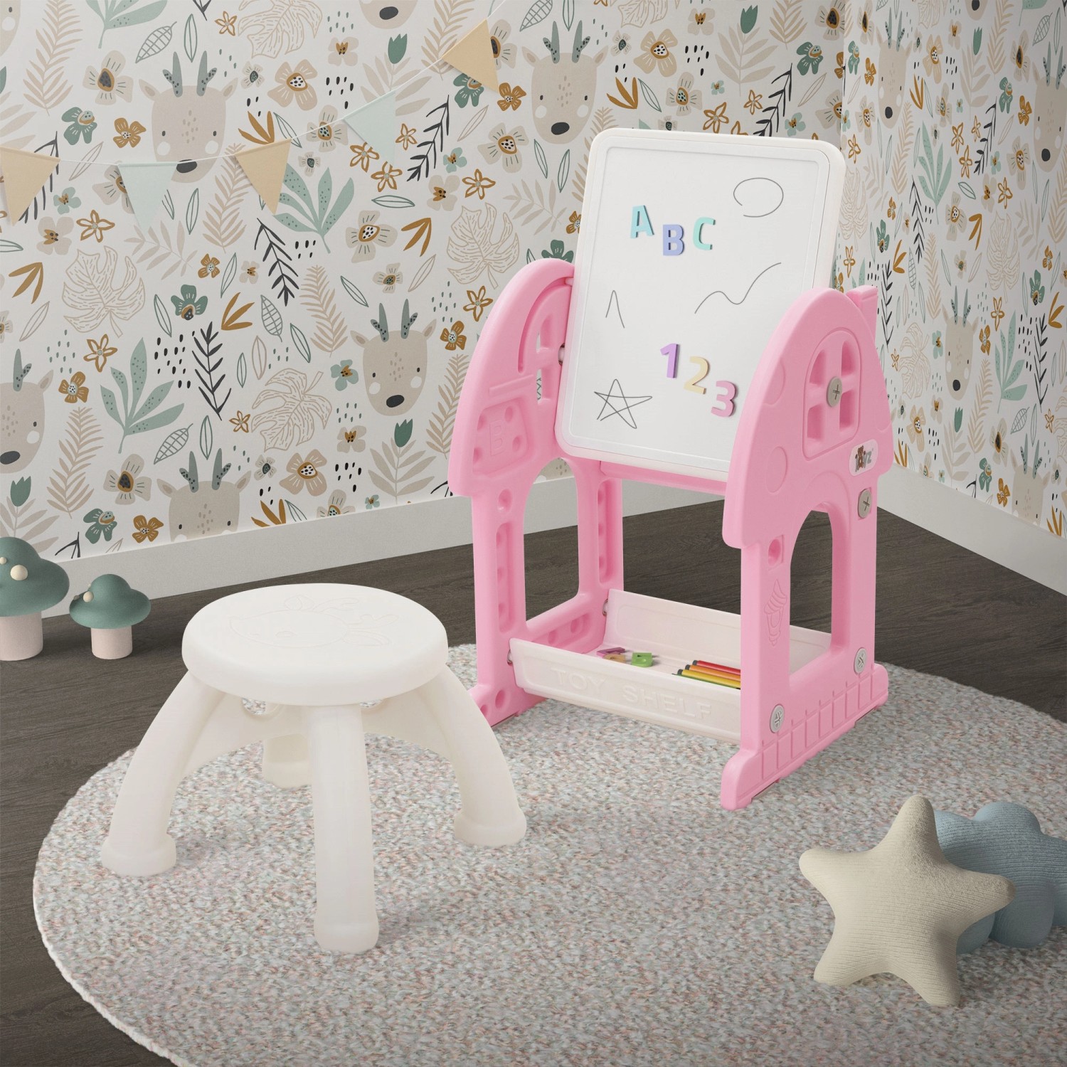 Joyz 2in1 Tafel-Spieltisch mit Hocker, rosa-weiß. Kindertafel mit Stuhl für Spiel und Spaß.