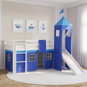 Weißes Kinderhochbett 90x200 mit blauer Rutsche, Turm und Vorhang. Inklusive Leiter für Spiel und Schlaf.