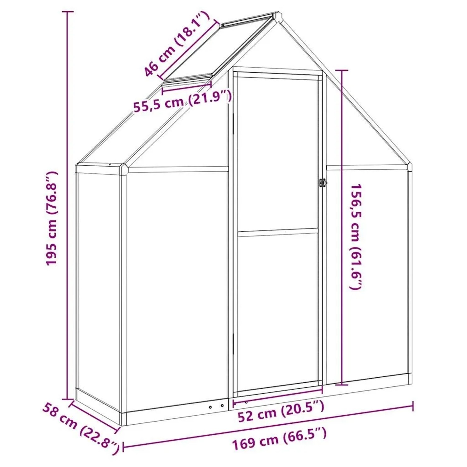 Maßzeichnung: Silbernes vidaXL Gewächshaus 169x58x195cm aus Aluminium mit Fundamentrahmen, Tür und Dachfenster.