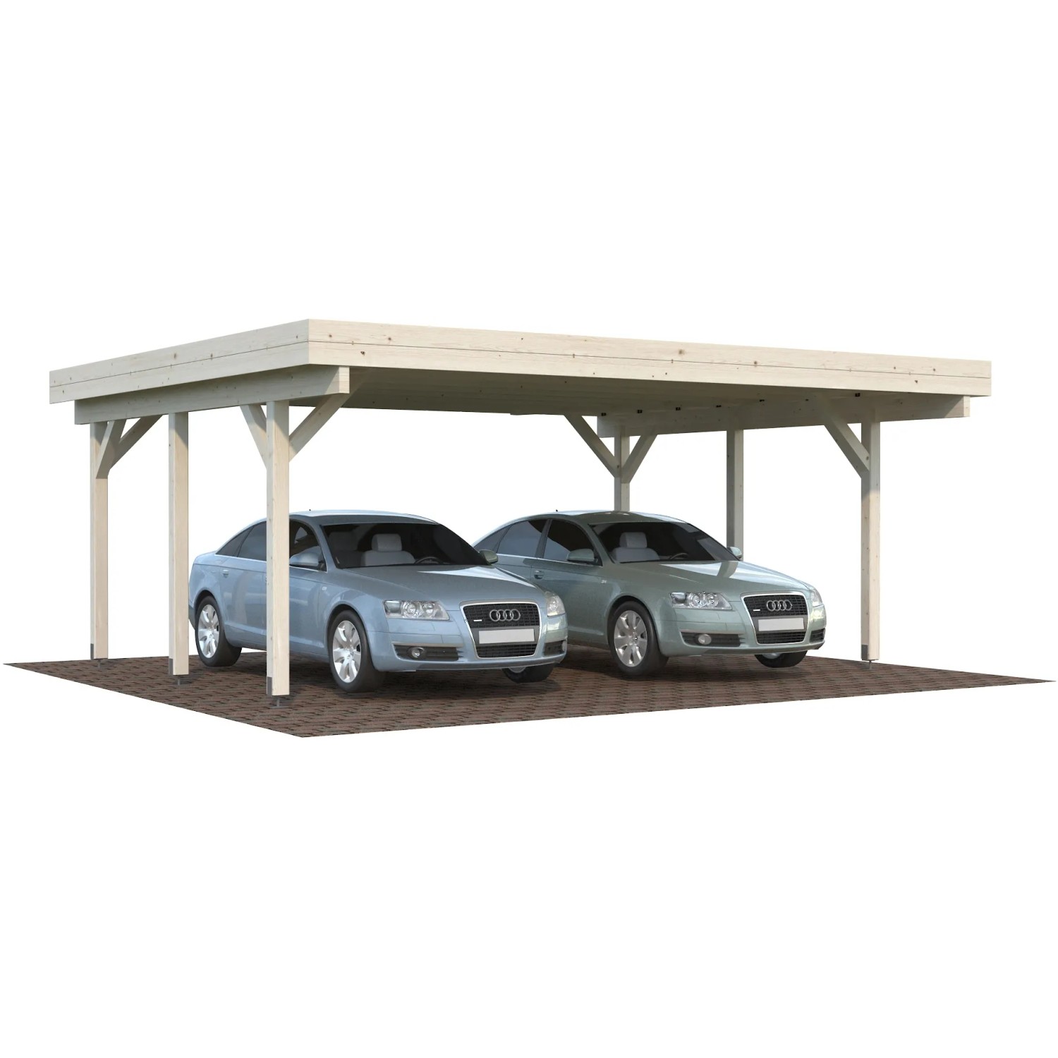 Palmako Doppelcarport Karl aus Naturholz für zwei PKW, Flachdach mit robusten 12x12 cm Pfosten.