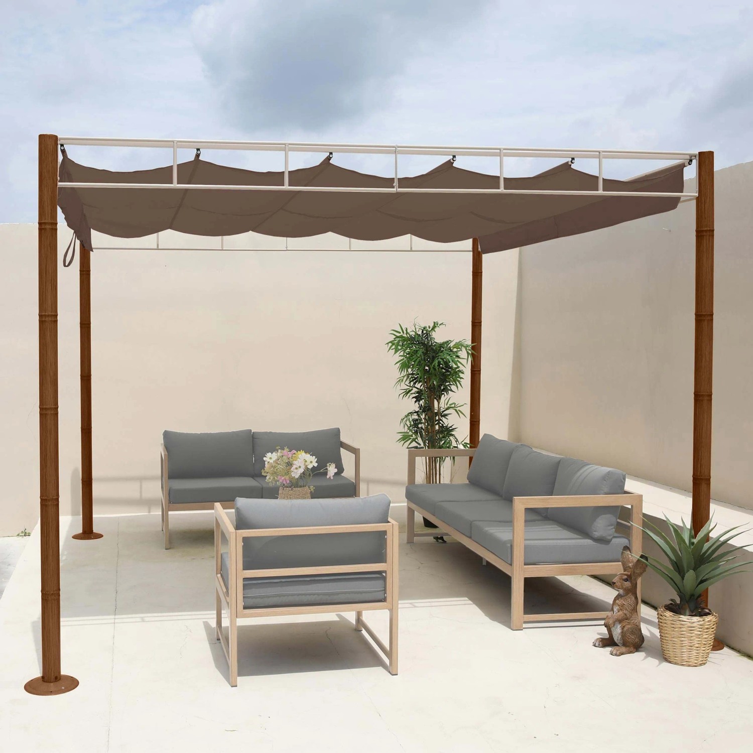 BERLINLODGE Pergola 300x300cm, taupe-braun, mit Bambus-Optik Gestell als Terrassenüberdachung.