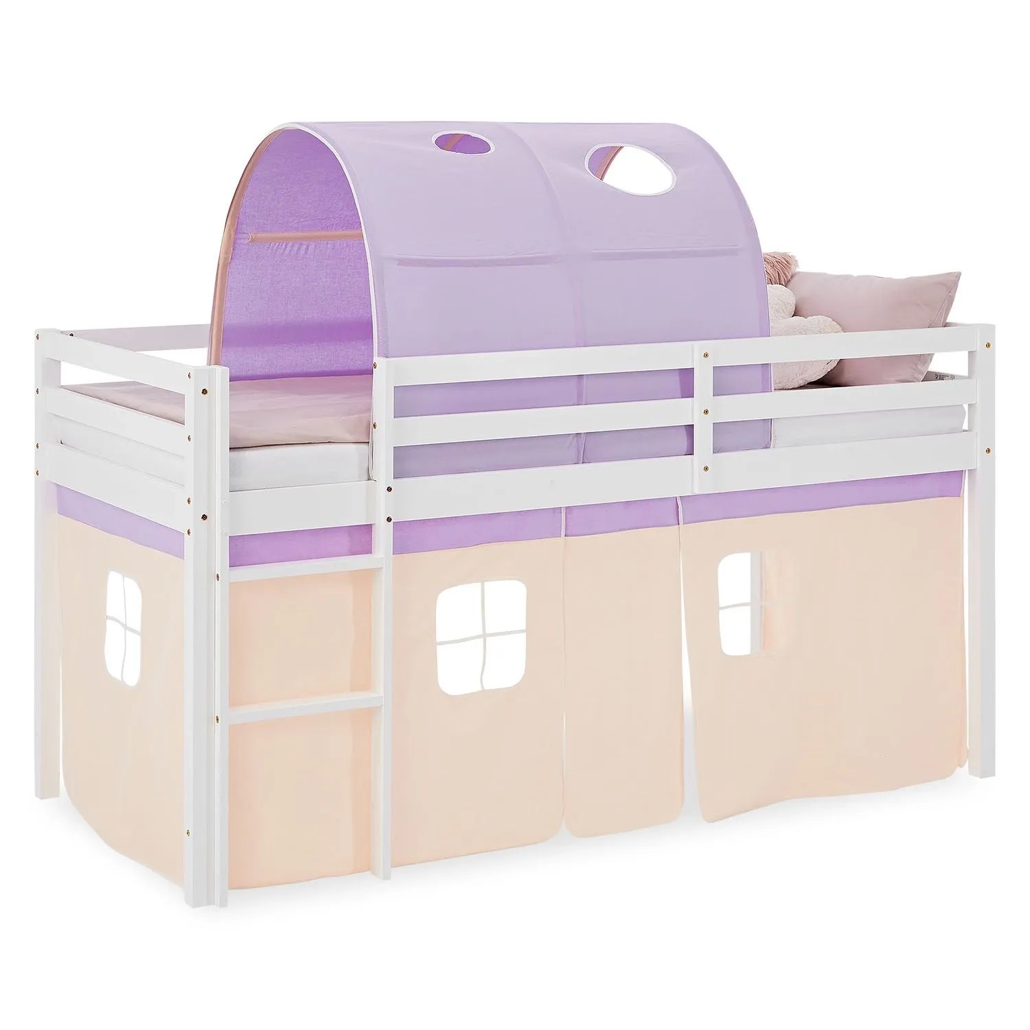 Homestyle4u Kinderbett Hochbett 90x200 mit Lattenrost Tunnel Vorhang Lila Orange 2949