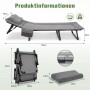 Graues Sekey Klappbett mit Matratze, Kissen und verstellbarer Rückenlehne. Zeigt Maße, gefaltet und Details.