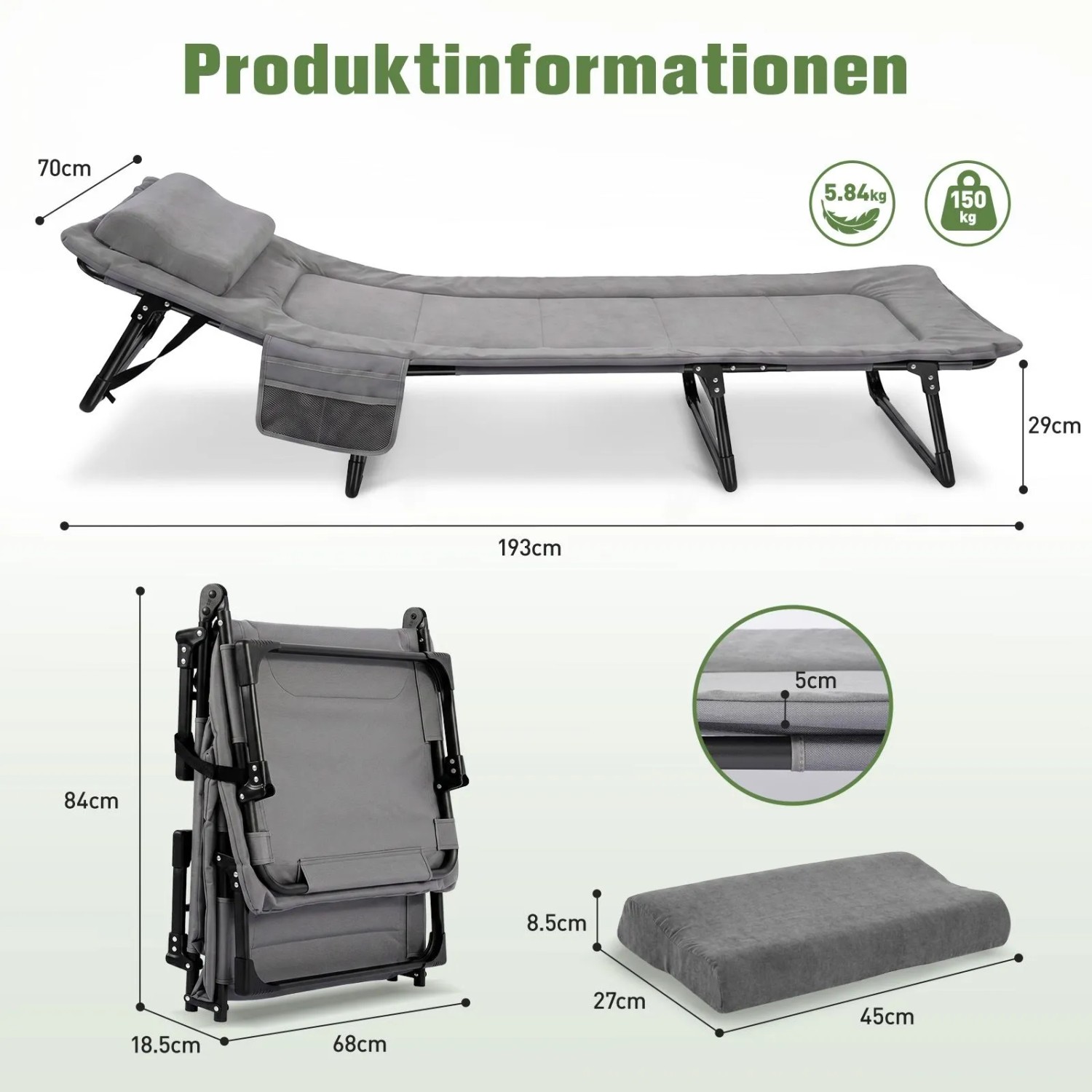Graues Sekey Klappbett mit Matratze, Kissen und verstellbarer Rückenlehne. Zeigt Maße, gefaltet und Details.