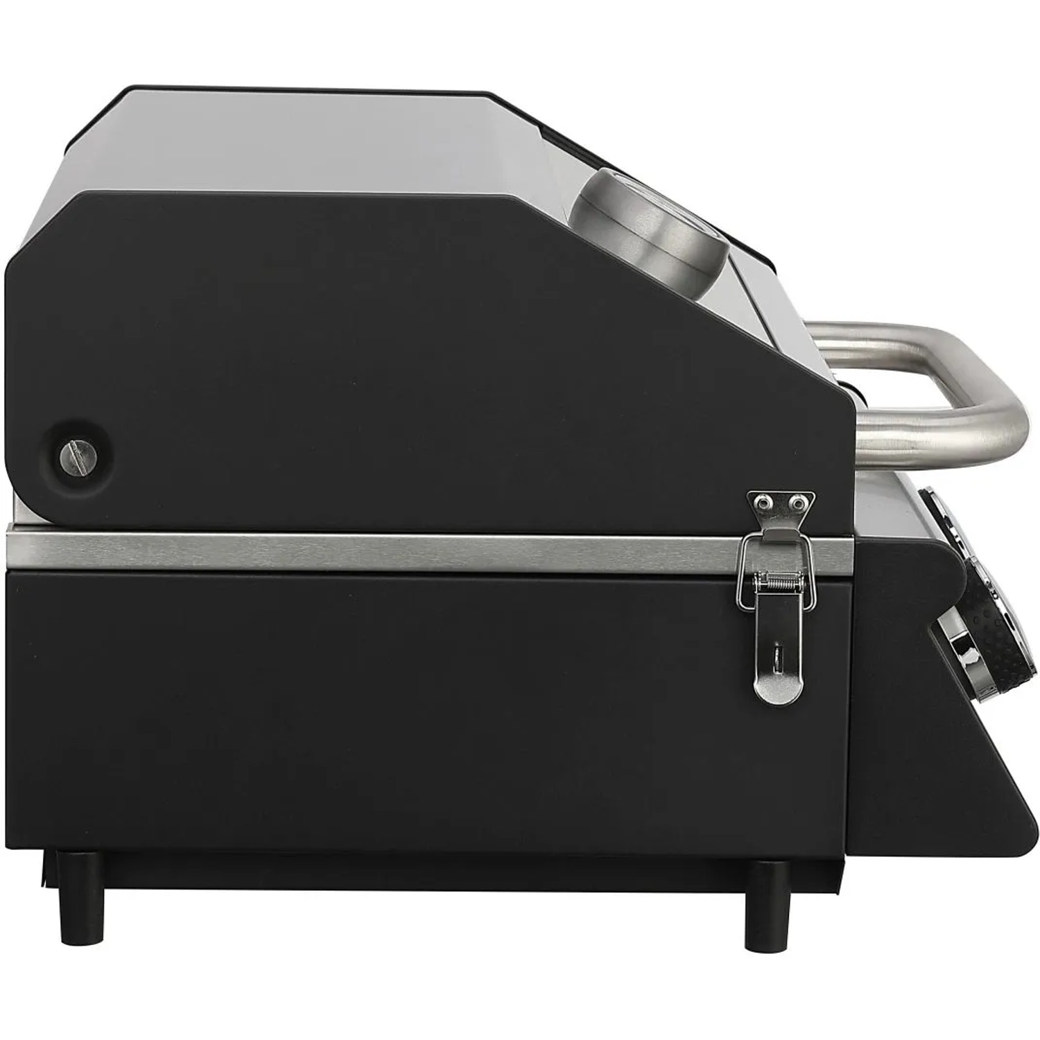 EL Fuego Jesolo Gasgrill, schwarz-silber, Seitenansicht mit Thermometer und Edelstahlgriffen.
