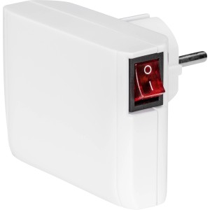 Weißer Euro-Übergangsstecker 2-fach mit Schalter für zwei Stecker gleichzeitig.