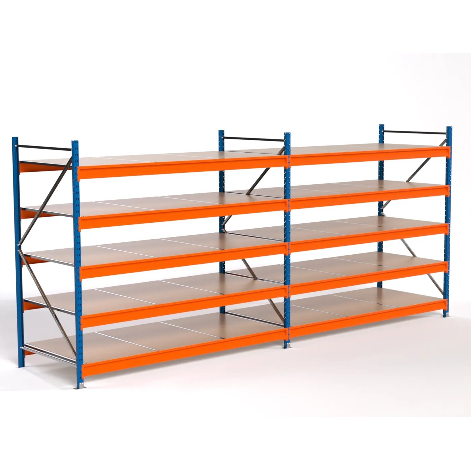 PROREGAL Industrie Weitspannregal Lagerregal MAXIMUS PRO Komplettregal 2 Felder HxBxT 200x450x100cm 5 Spanplatten-Fachboden Fachlast 610kg Blau/Orange