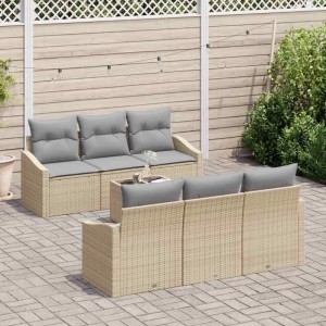 Beiges vidaXL Lounge Set mit grauen Kissen, 7-teilig, aus Poly-Rattan für Garten oder Terrasse.