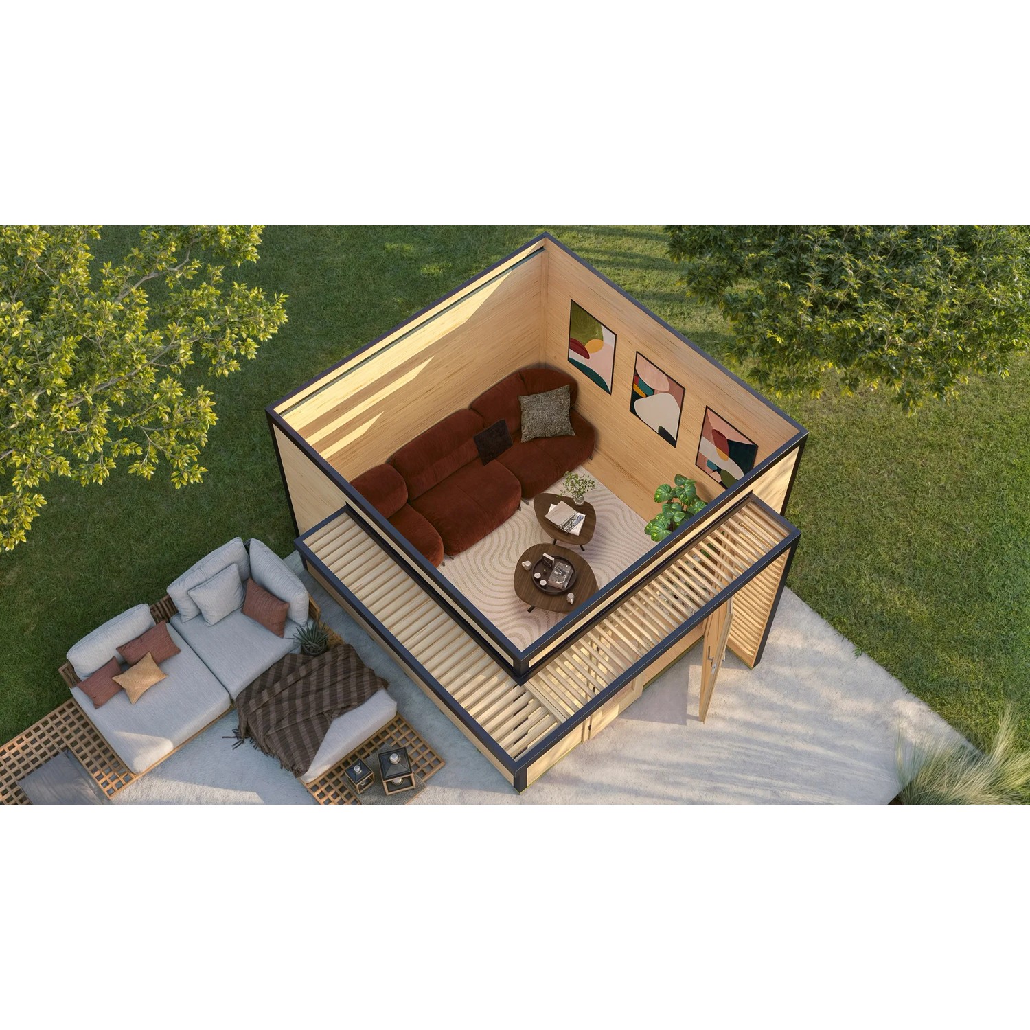 Weka Gartenhaus Amberley mit Lounge-Möbeln, graugrün/anthrazit, 300x300 cm.