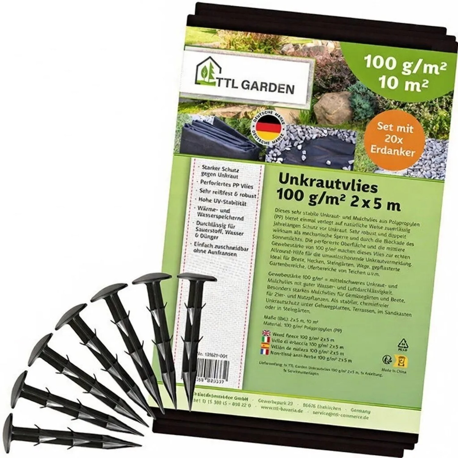 TTL GARDEN Unkrautvlies 100g/m² 2x5m 10m² Schwarz Inkl. 20 Erdanker 12cm Gartenvlies Mulchvlies UV-stabil