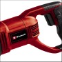 Detailaufnahme der roten Einhell TC-AP 690 E Universalsäge. Stichsäge/Säbelsäge mit Softgrip.