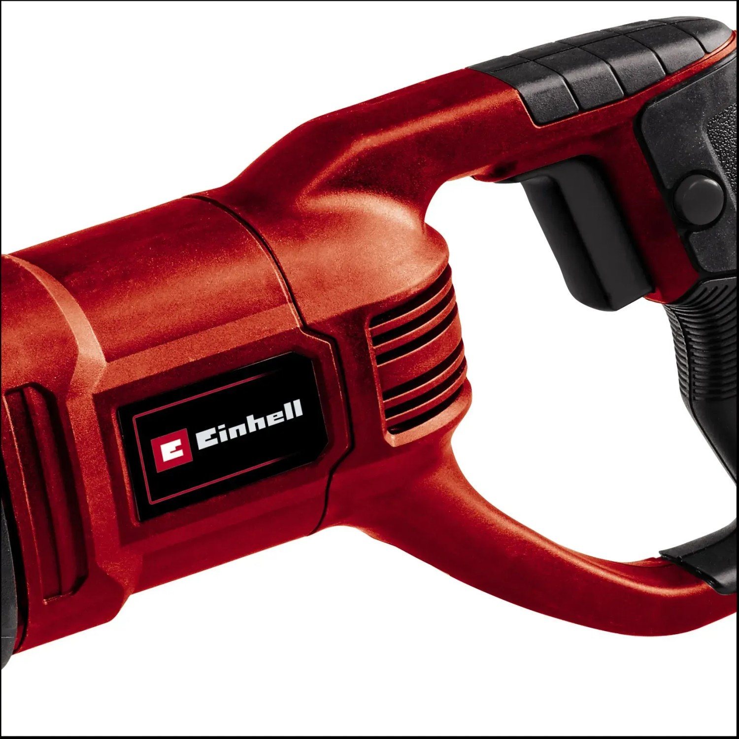 Detailaufnahme der roten Einhell TC-AP 690 E Universalsäge. Stichsäge/Säbelsäge mit Softgrip.