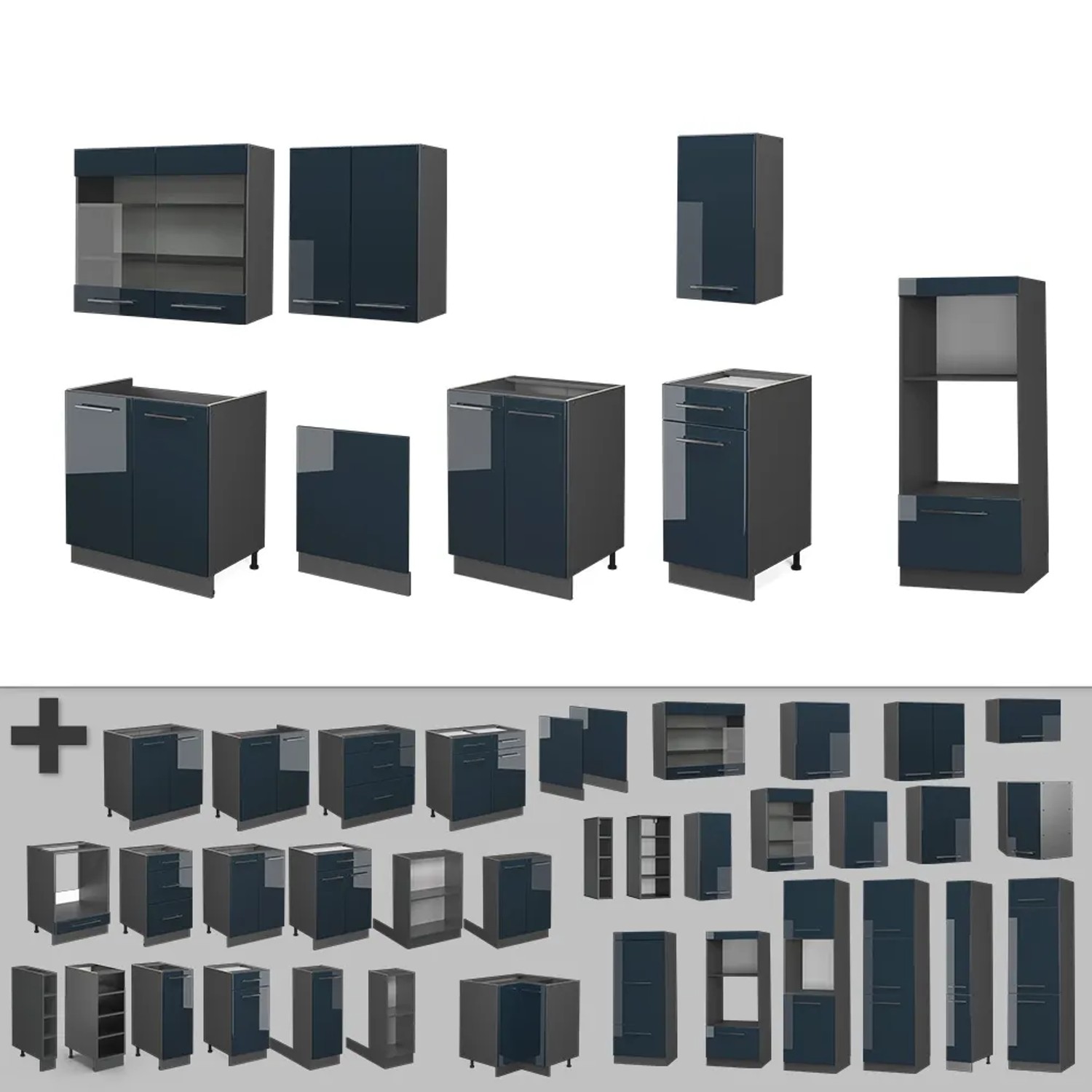 Vicco Fame-Line Küchenschränke in Dunkelblau Hochglanz/Anthrazit, 300 cm Küchenzeile mit Hochschrank.