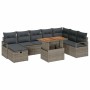Graues 9-teiliges vidaXL Garten-Sofa-Set aus Poly Rattan mit höhenverstellbarem Tisch.