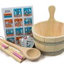 6-teiliges Karibu Sauna Zubehör-Set Classic mit Eimer, Kelle, Sanduhr, Klimamesser und Baderegeln.
