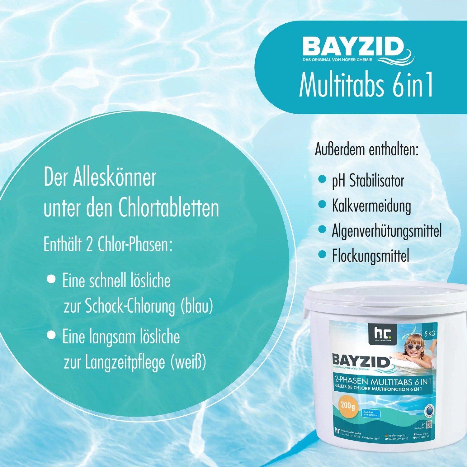 Bayzid 6in1 Multitabs im 5kg Eimer. 2-Phasen-Tabletten für Poolreinigung mit Chlor, Algenverhütung und Flockung.