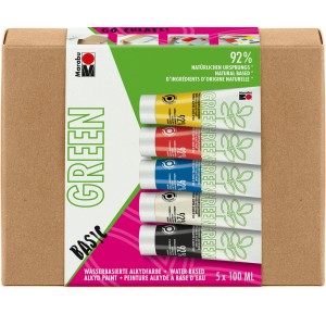 Marabu Green Alkydfarbe-Set Basic, 5 Farben (Gelb, Rot, Blau, Weiß, Schwarz) in Kartonverpackung.