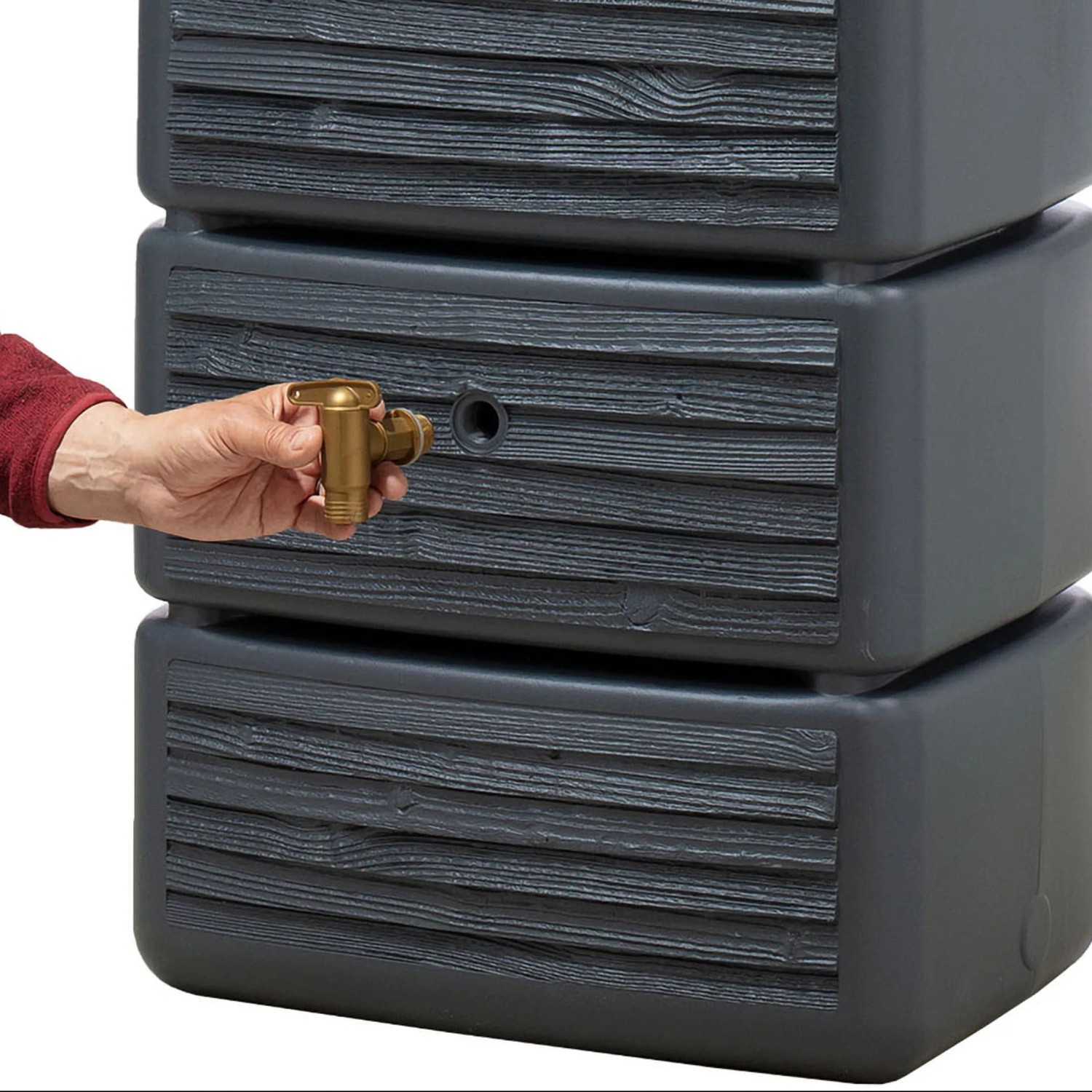 4rain Wandtank Slim Wood Decor 330 l Graphite Grey mit Auslaufhahn in Messingoptik.