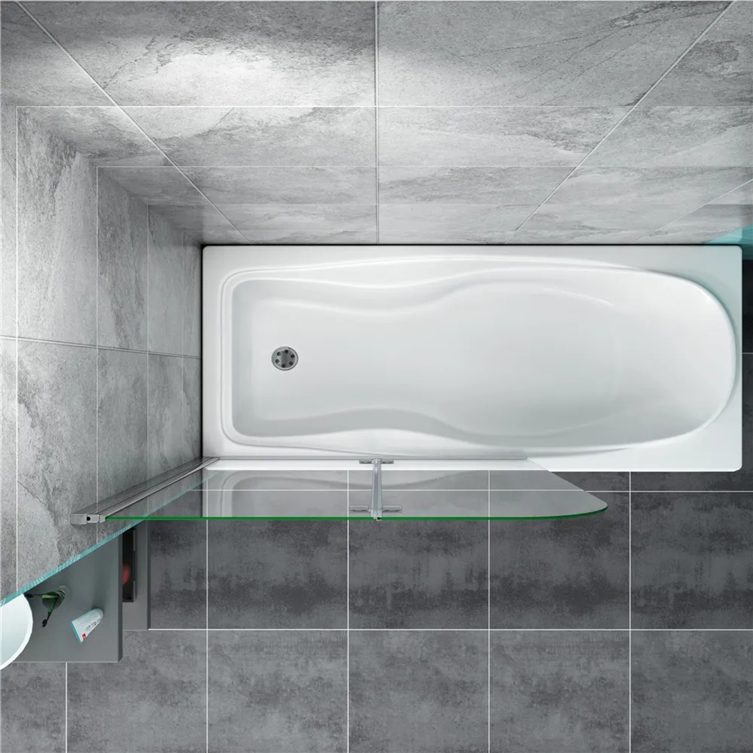 AICA Badewannenfaltwand 90x140cm aus Glas, chromfarbener Rahmen, montiert an Badewanne.