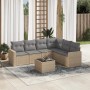 Beige 7-tlg. vidaXL Garten-Sofagarnitur aus Rattan mit grauen Kissen und Tisch auf Terrasse.