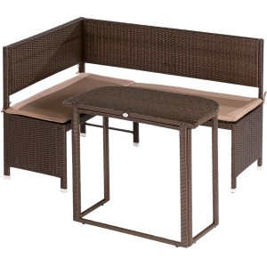 Braunes 2-tlg. Garten-Eckbank-Set aus Polyrattan mit Klapptisch und Kissen für den Balkon.