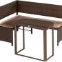 Braunes 2-tlg. Garten-Eckbank-Set aus Polyrattan mit Klapptisch und Kissen für den Balkon.