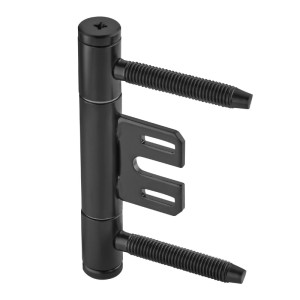 Schwarzes 3-teiliges SOTECH Türband aus pulverbeschichtetem Stahl, Ø15 mm, für Stahlzargen und Innentüren.