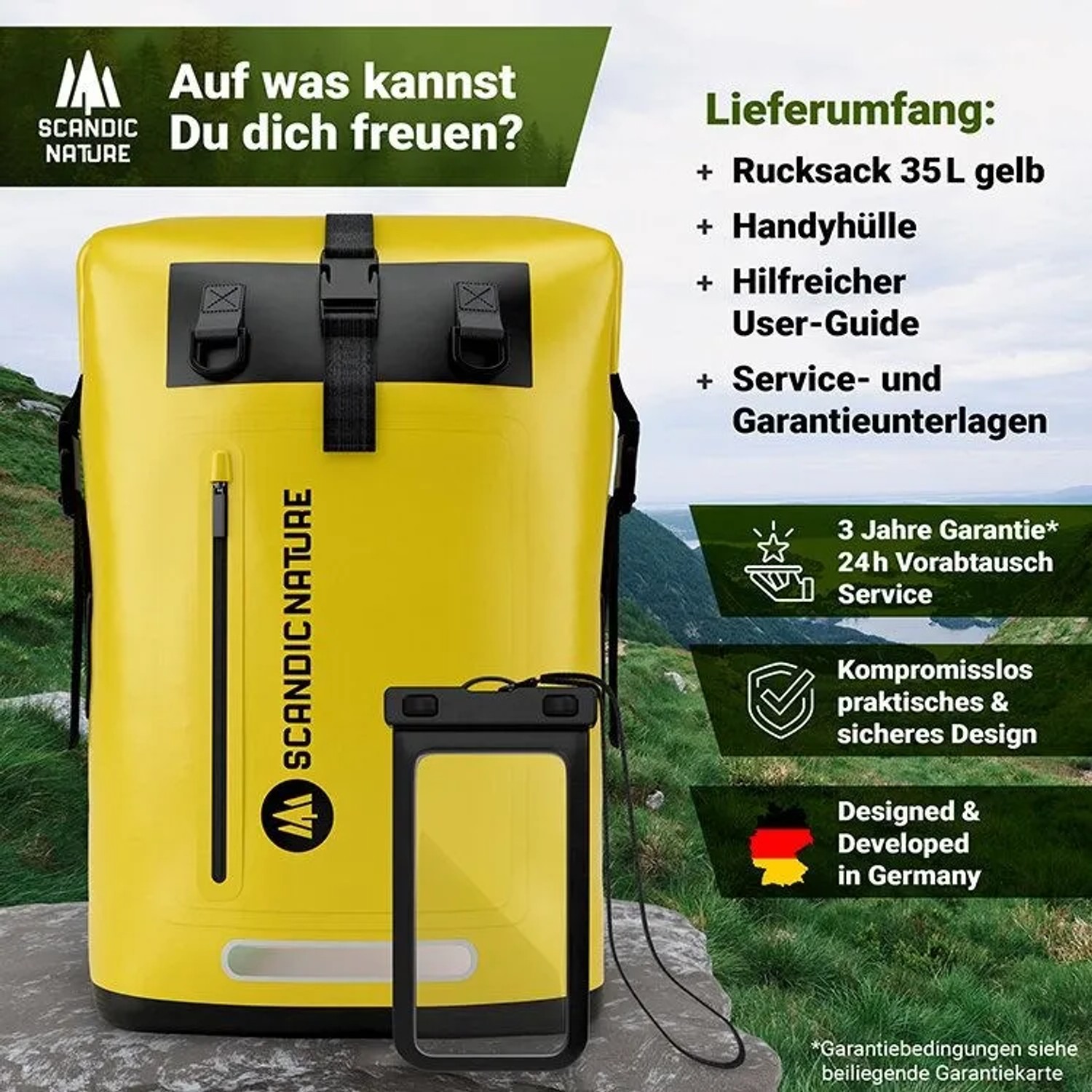 SCANDIC NATURE Rucksack Pioneer 35L gelb, wasserdicht mit Roll Top Verschluss und Handyhülle für Outdoor & Reisen.