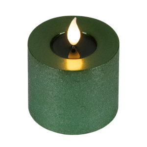 Grüne Lumineo LED-Kerze aus Wachs, Ø 7,5 cm, mit realistischem Flammeneffekt. Ideal für stimmungsvolle Dekoration.
