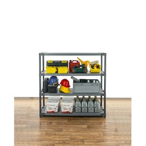 Graues PROREGAL Kunststoffregal Grey Bear mit 4 Böden, beladen mit Werkzeug und Zubehör.