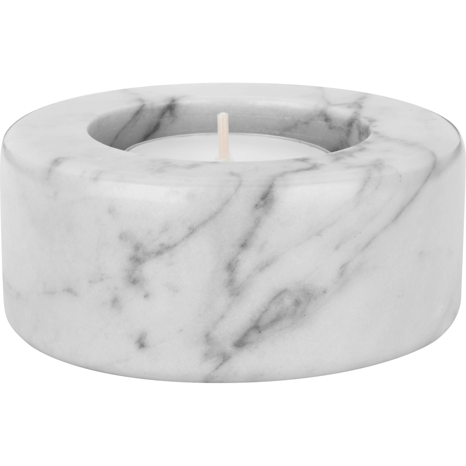 Weiß-grauer Teelichthalter „Modern Antique“ aus Marmor, 8,5 cm Durchmesser.