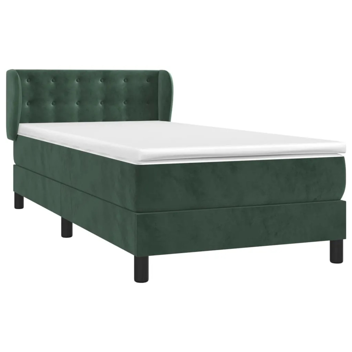 Dunkelgrünes Boxspringbett mit Matratze und Kopfteil, Samtbezug, 90x200 cm.