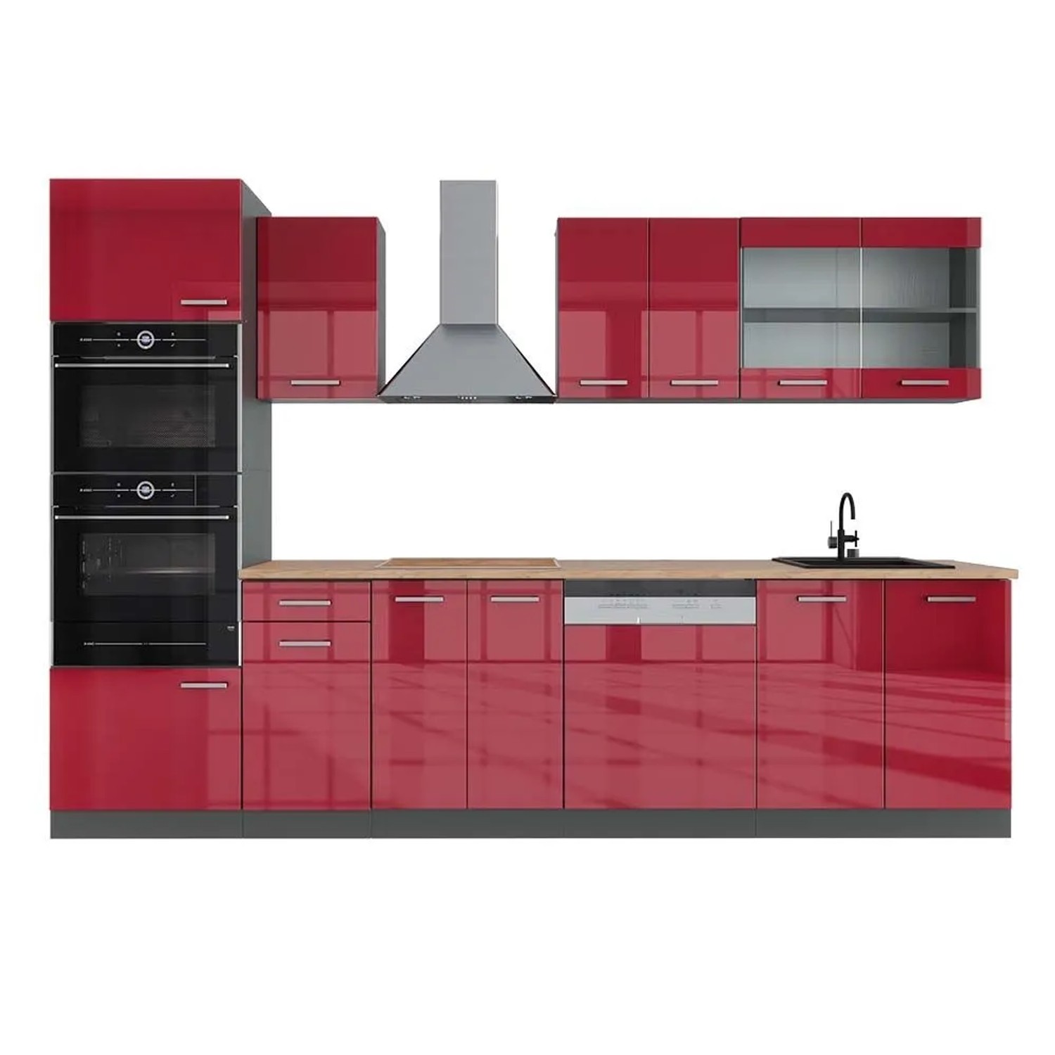 Vicco R-Line Küchenzeile Bordeaux Hochglanz Anthrazit 300 cm mit HochschrankAP Eiche ohne E-Geräte