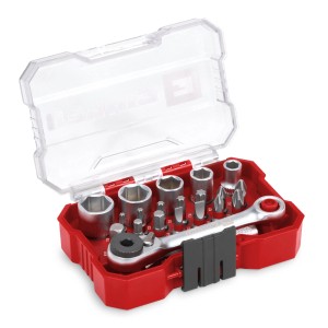 Einhell Steckschlüssel Bit Set XS CASE mit Bits, Steckschlüsseln und Umschaltknarre in roter Box.