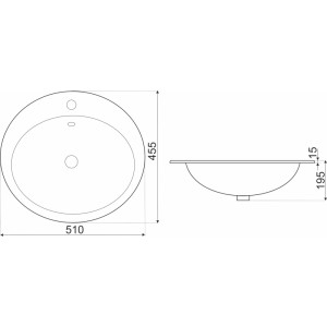 Technische Zeichnung Kerra Einbauwaschbecken KR-132. Weiß, glänzend, oval, Maße 510x455x195mm. Für Waschtischplatte.