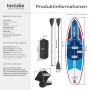 Tectake Stand Up Paddle Board Poseidon Set: rotes, blaues aufblasbares SUP, Paddel, Kajak-Sitz, Rucksack. Maße.