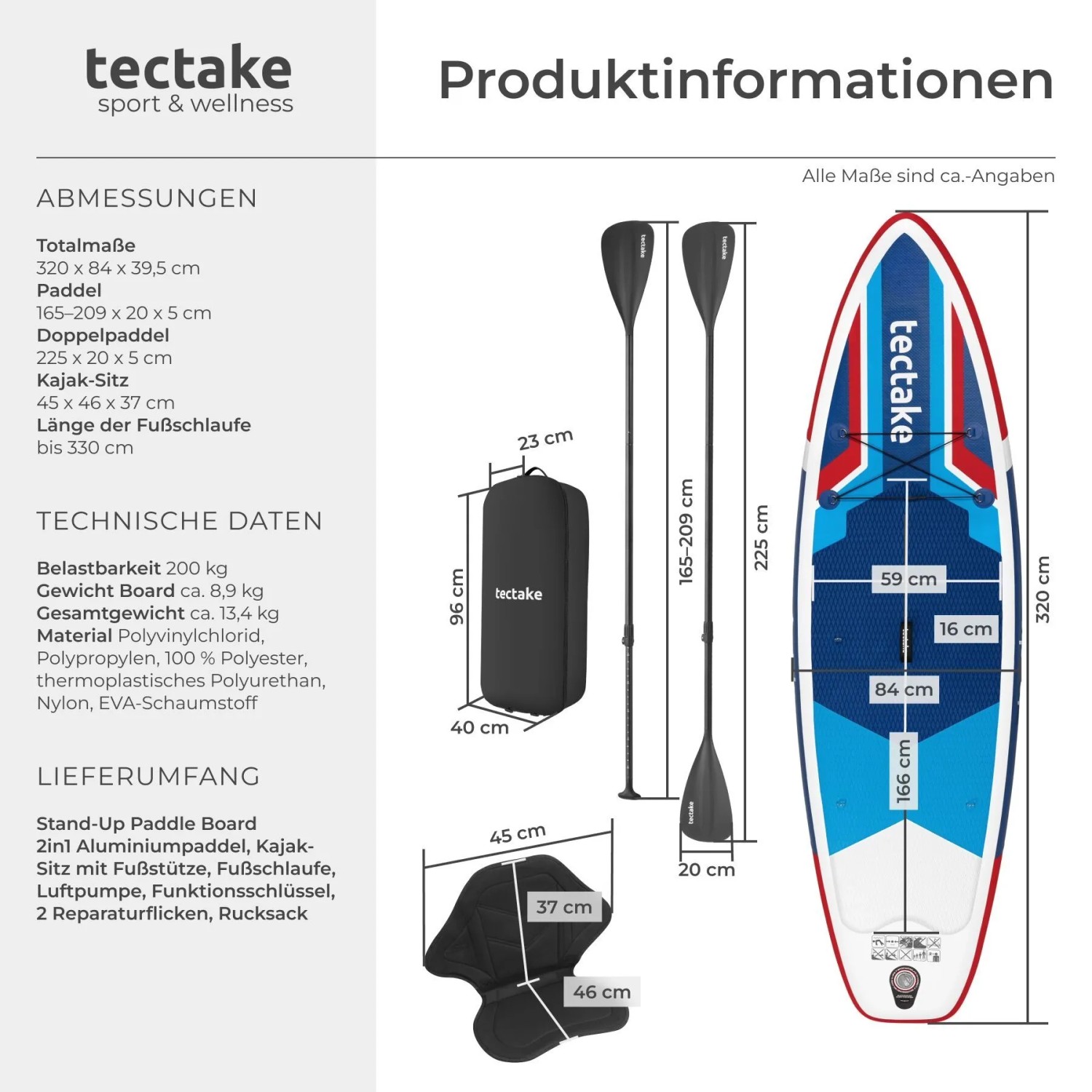 Tectake Stand Up Paddle Board Poseidon Set: rotes, blaues aufblasbares SUP, Paddel, Kajak-Sitz, Rucksack. Maße.