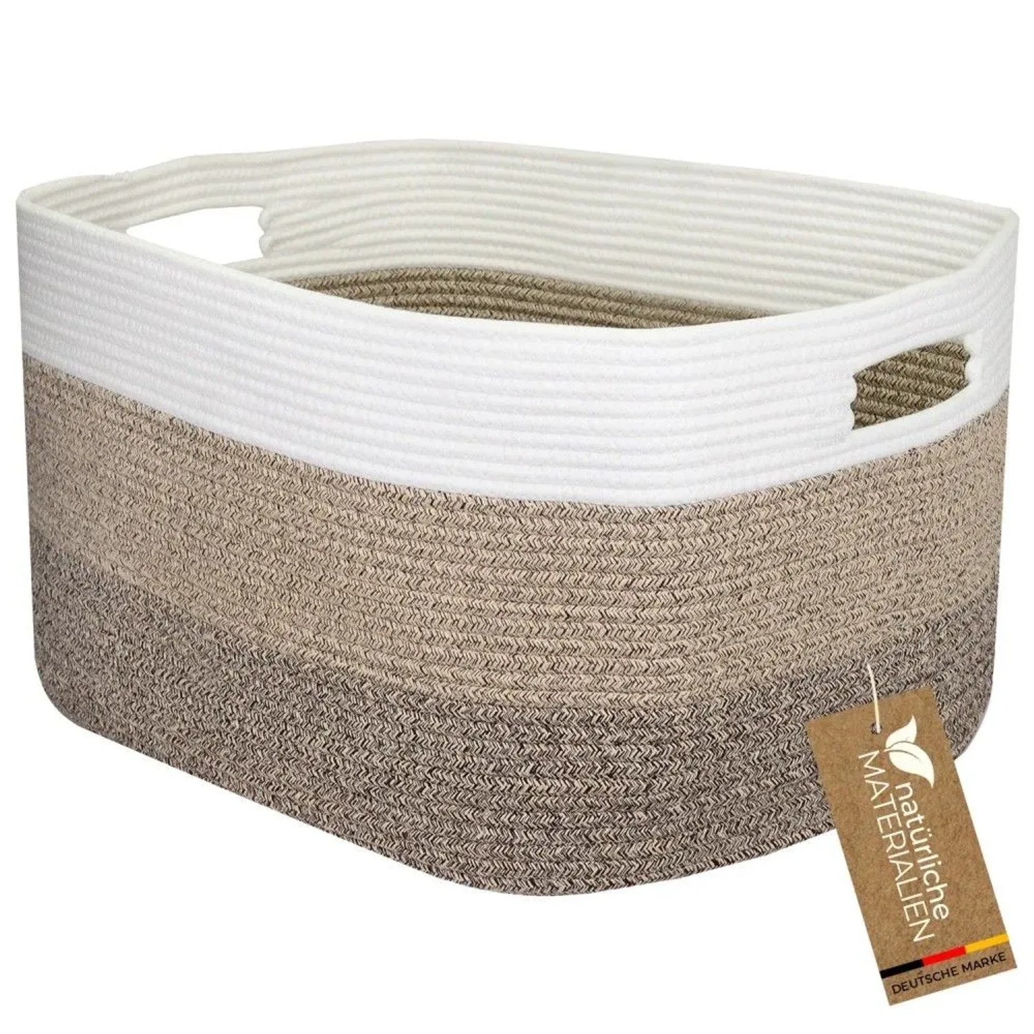 HMF 39013-55CM-80 XXL Wäschekorb Baumwolle Eckiger Aufbewahrungskorb Griffen 55 x 43 x 30 cm Weiß-Braun
